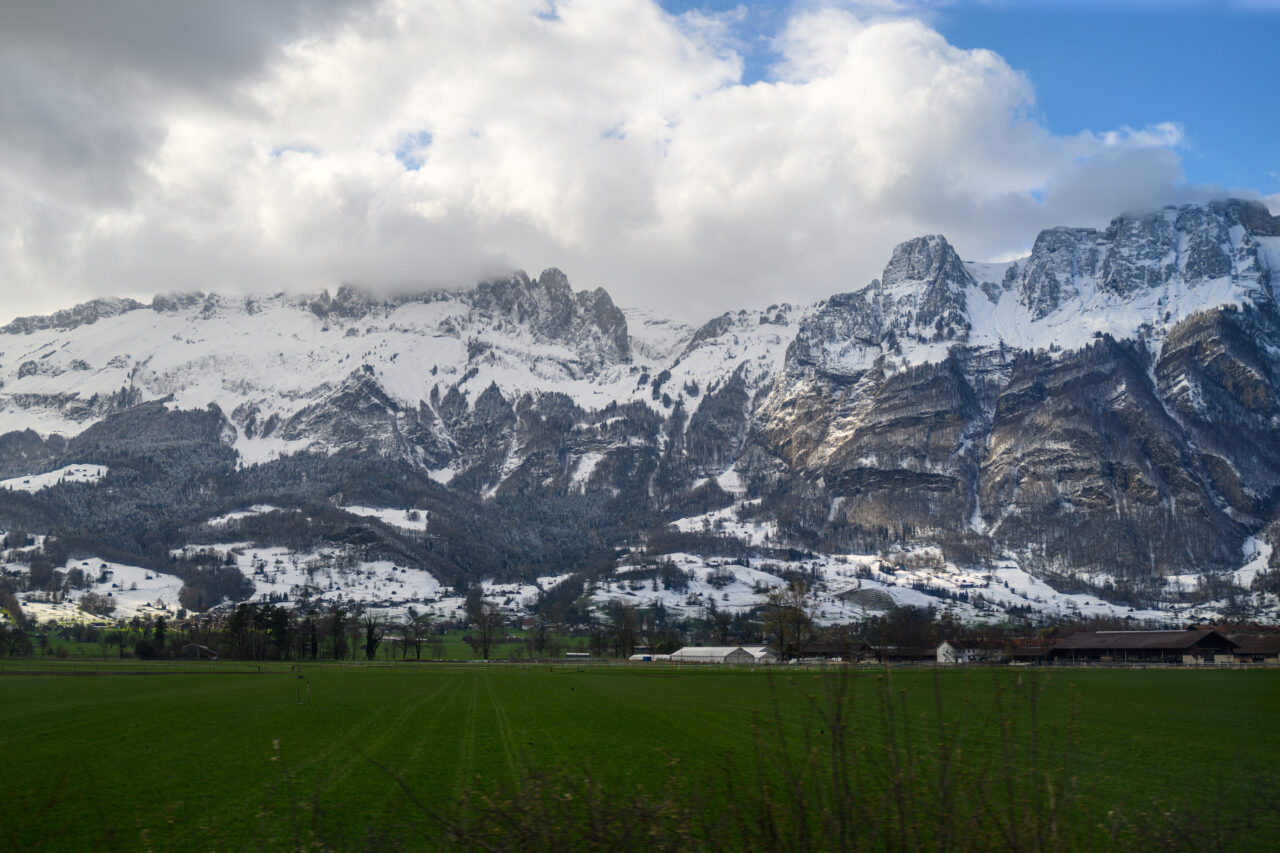 Schneebedeckte Berge und grüne Wiesen