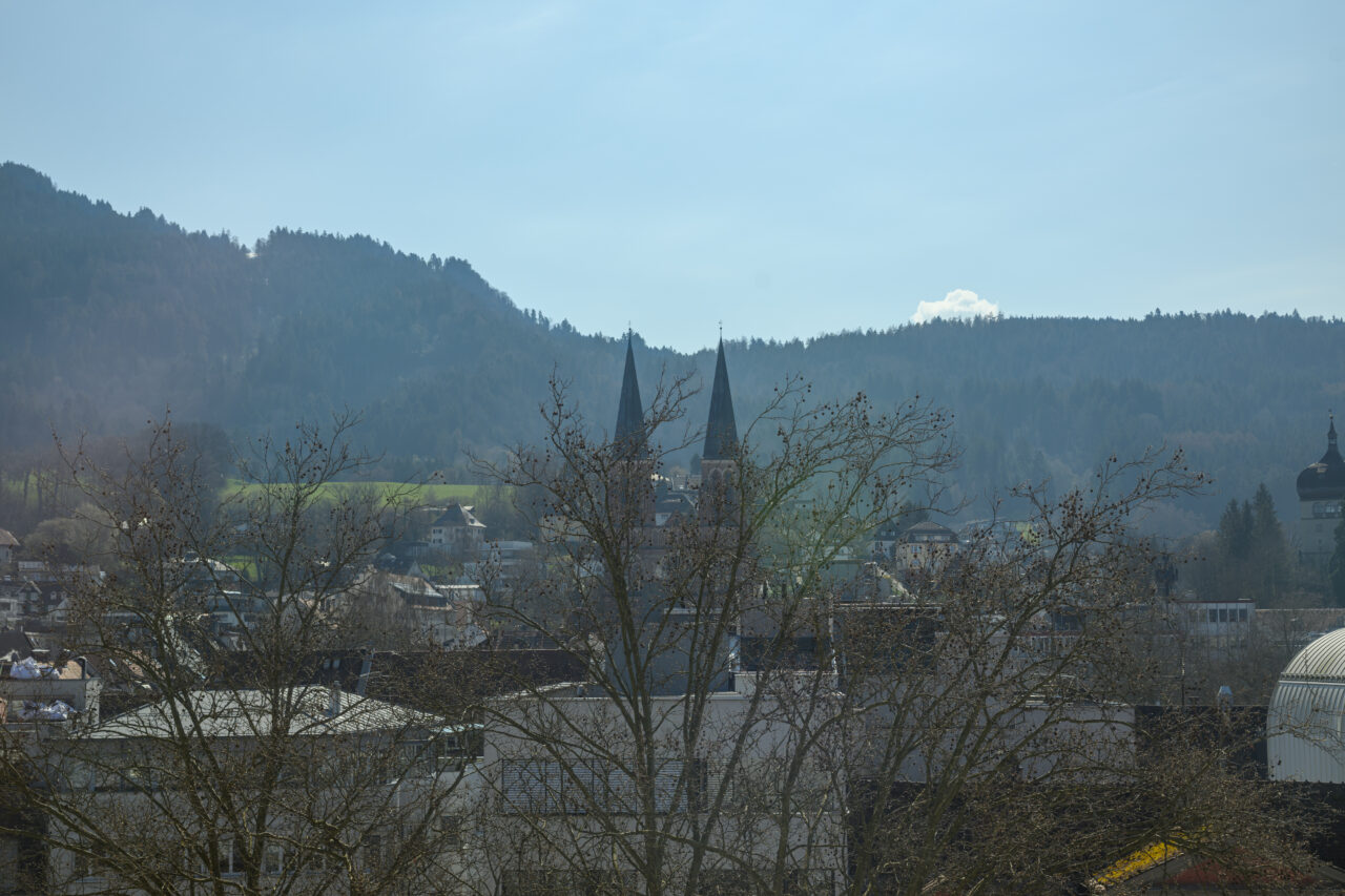 Blick auf Berge mit Kirchtürmen im Vordergrund